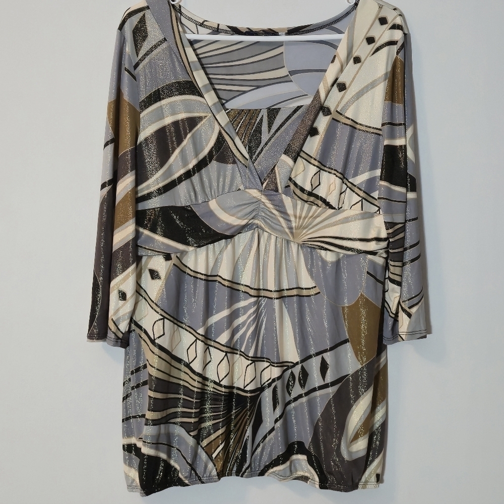 Reitmans XL Metallic Geometric Blouse Neo Deco Holiday Silver Shimmer Crossover